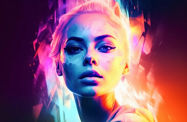 AI generative. Portrait of a young pretty woman. Neon Color,  double exposure.