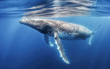 AI generative. Whale Plays  in Blue Water