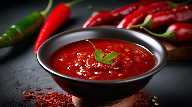 freshly sriracha hot chilli sauce in bowl on the table. generative AI
