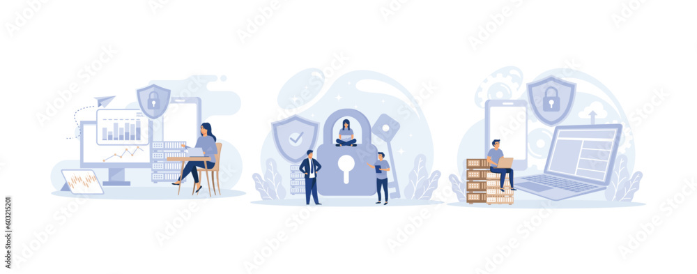 Poster database security, phishing, hacker attack concept. hackers stealing personal data, set flat vector 