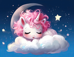 Adorable Baby Unicorn, nursery art, sleepy time, good night, children art, whimsical, mythical. Generative AI
