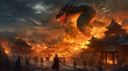 Digital art dragon with castle AI Generative