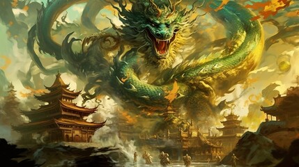 Obraz premium Digital art dragon with castle AI Generative