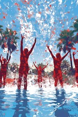 Festive Pool Celebrations: Silhouettes of People Jumping and Splashing in Red, White, and Blue. Memorial Day, Fourth of July, Labor Day. Created with generative AI tools.