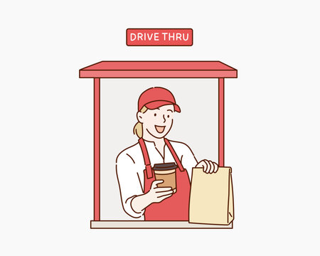 Fast food restaurant worker ready gives a customer order at a drive thru window. Hand drawn style vector design illustrations.