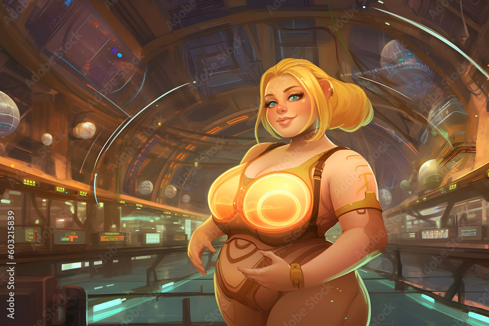 Poster plus size woman of the future, synthwave style. neural network ai generated art generative ai
