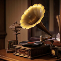 an old gramophone in a vintage apartment - generative ai