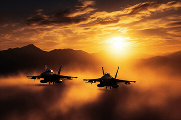 Fototapeta na wymiar fighter jets in cloudy sunset sky - generative AI