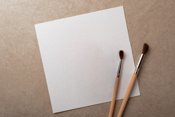 Artistic Paint Brushes on Stone Surface. Artist, Diy, Hobby, Handmade and Homemade Decoration Concept Template Mock Up Wallpaper.