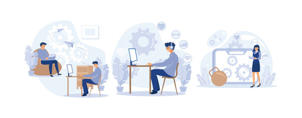 Professional workspace, Smart personal space, employee care. Modern workplace, health-focused IOT desk, fitness-focused workspace, set flat vector modern illustration