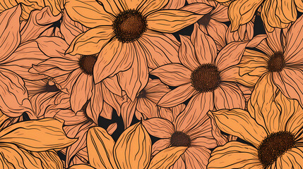 Sunflower seamless pattern, orange flower, outline art