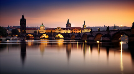 Obraz premium Romantic View of Prague at Sunset, Reflected in the Vltava - generative AI