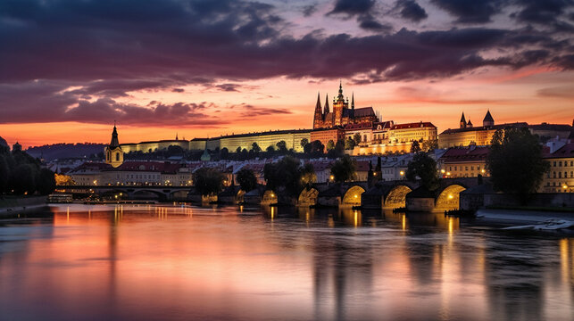 Romantic View of Prague at Sunset, Reflected in the Vltava - generative AI