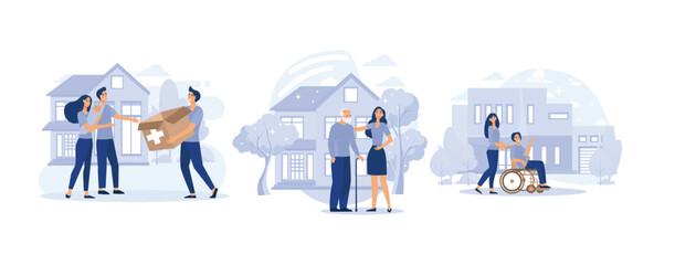  voluntary services. Aid to disadvantaged groups, care for elderly, help for disabled. set flat vector modern illustration