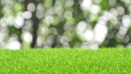 Green artificial grass on natural daylight bokeh blur background - obrazy, fototapety, plakaty
