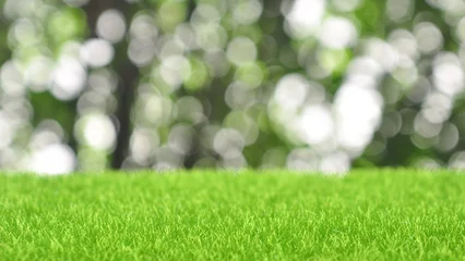 Fotobehang Green artificial grass on natural daylight bokeh blur background © ฟ้า ใส