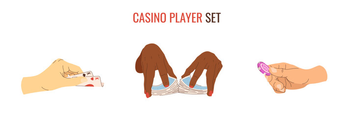 Vector casino player set of playing chips and cards in hands. Bet, playing texas holdem poker and croupier shuffle. Multicultural casino players. Illustrations for gambling industry. Cards, rules and