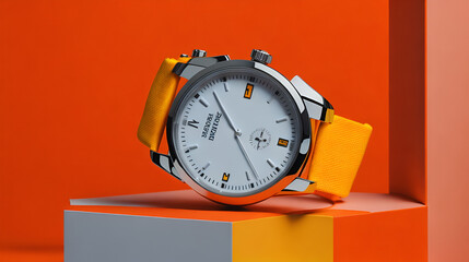 silver wristwatch in orange backdrop  