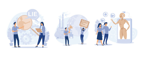 Media influence concept, Post-truth, eco-shaming, virtual influencer, ecological activist, social media, set flat vector modern illustration