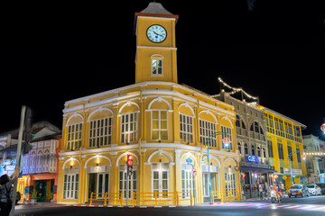 Fototapeta na wymiar Lovely decorated Sino Porthuguese house at night in old phuket town thailand