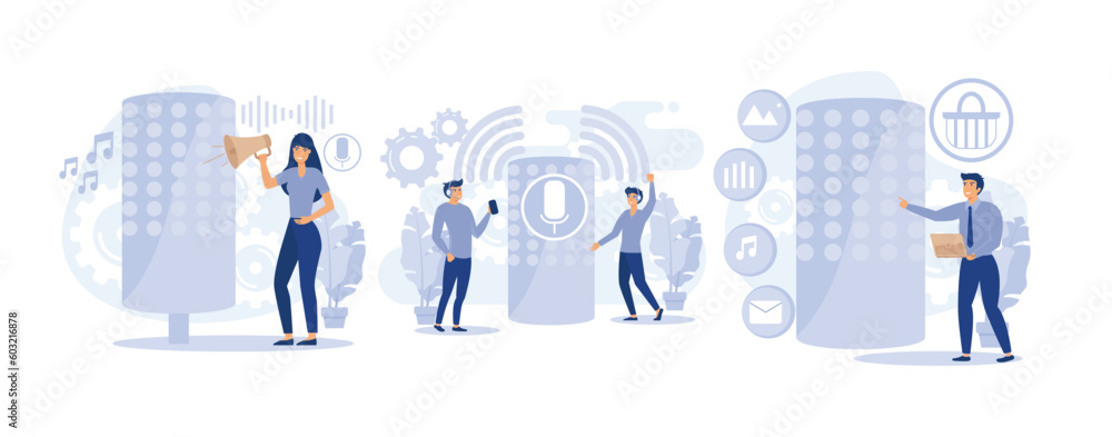 Poster voice command device application. voice control, smart speaker, smart speaker apps marketplace. set 