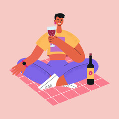 Joyful young woman sits on the floor with glass and wine. Rest at home.
Trendy vector illustration.