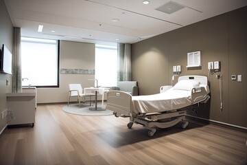 Emergency Care. Hospital Room with White Bed. Generative AI illustrations.