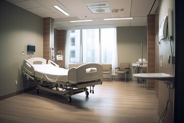 Emergency Care. Hospital Room with White Bed. Generative AI illustrations.