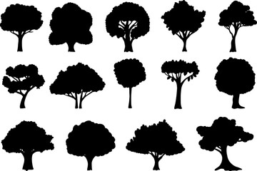 Tree silhouettes collection on white background. Vector cartoon illustration.