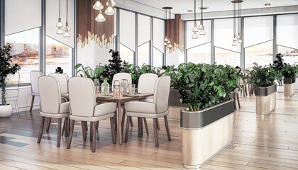 Project of a Modern Outlook Restaurant in Natural Interior Design - 3D Visualization