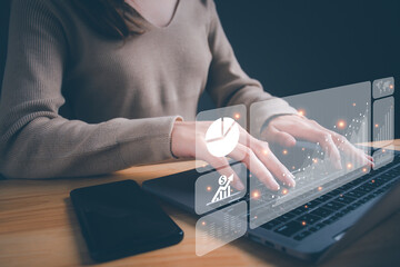 Businesswoman analyzing business enterprise data management metrics and KPIs to performance...