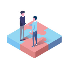 vector isometric illustration of team people with puzzle	
