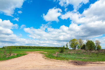 Fototapeta na wymiar The road to a green field with blue sky and clouds