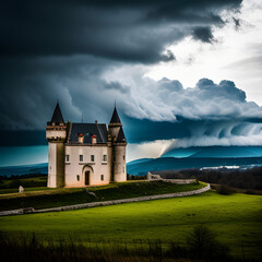 A dramatic, stormy sky casting an eerie glow over a desolate, abandoned castle. Generated with AI