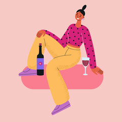 Joyful young woman sits with a glass and wine. Rest at home.
Trendy colorful vector illustration.