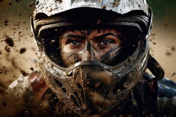Fototapeta premium Close up biker using helmet with mud AI Generative