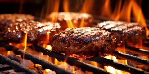 beef burgers grilling on flaming grill created with generative AI