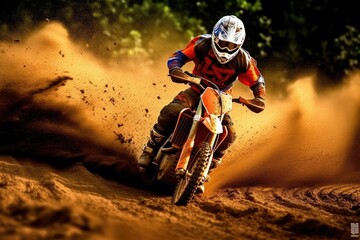 Someone rides trail bike on savanna and hills AI Generative