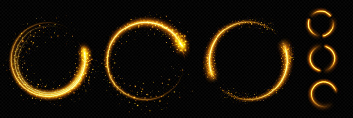 Realistic set of golden light circles sparking on black transparent background. Vector illustration of magic power effect, fairy trail, glitter dust swirl, shiny avatar frame. Festive design elements