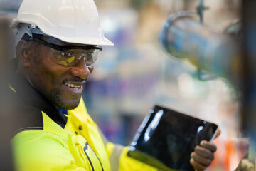 Close-up of an African engineer's face wearing glasses smiling happily He wears a helmet and...