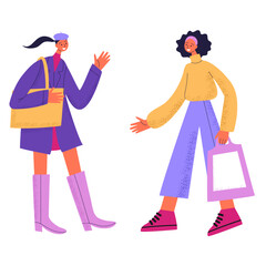 Vector hand-drawn illustration with two girls met and talk. Communication of friends. Bright colours