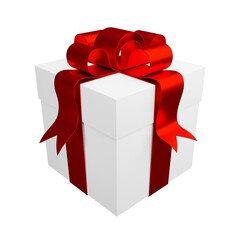 White gift box with red bow isolated on white background, 3D rendering.