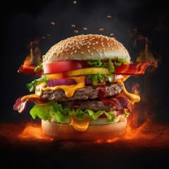 Delicious juicy burger on black background AI Generative