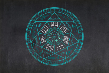 The Sigil of the Seven archangels drawn on a blackboard