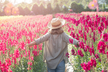 Beautiful woman enjoying flowers field, nice female lying down in meadow of flowers, pretty girl relaxing outdoor, having fun, happy young lady and spring green nature, Freedom concept.