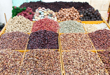 Traditional Egyptian bazaar with herbs and spices in Cairo. Egypt.