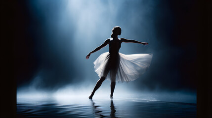 Silueta de bailarina de ballet bailando sobre agua en un fondo oscuro con luz volumétrica, hecho con IA generativa - obrazy, fototapety, plakaty