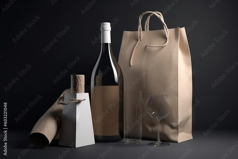 Poster a bottle of wine and a glass of wine on a black background with a paper bag and a bottle of wine on 