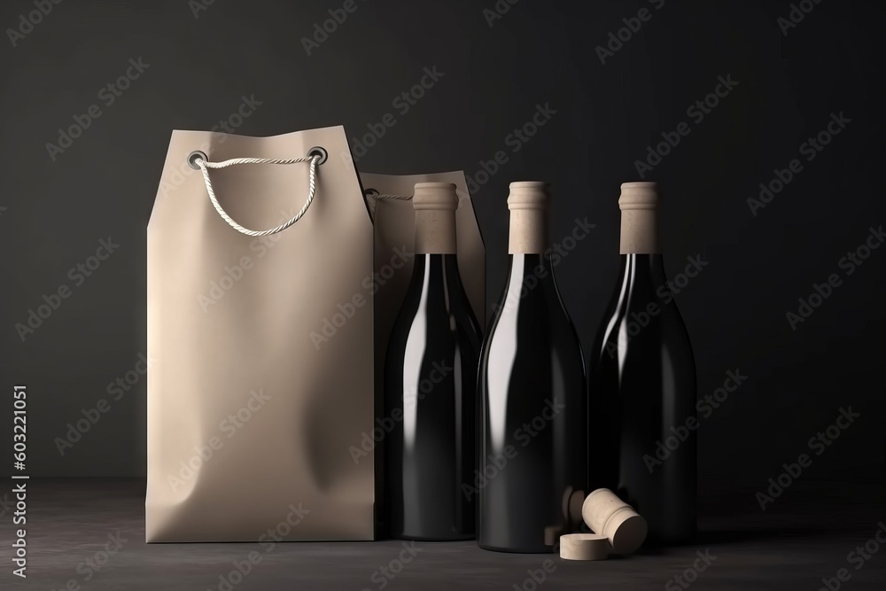Poster three bottles of wine and a paper bag on a dark background with a wooden stopper on the bottom of th