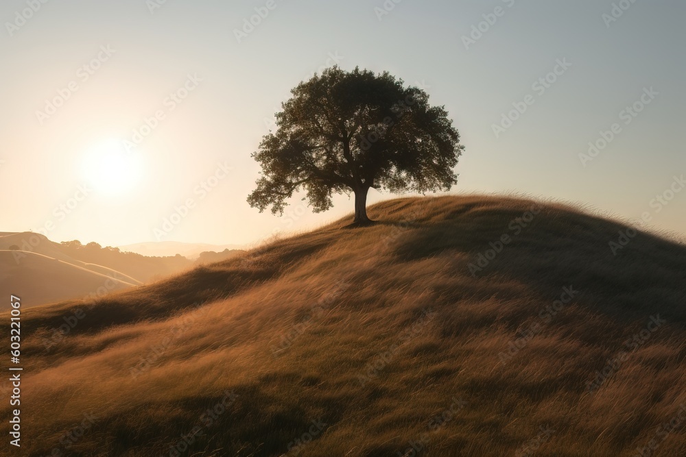 Poster a lone tree on a hill with the sun setting in the background and a hill with a lone tree on top of i